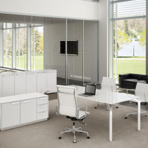 Vinny 1 – Executive Desk With Lacquered Glass Top And Optional Return & Credenza Unit